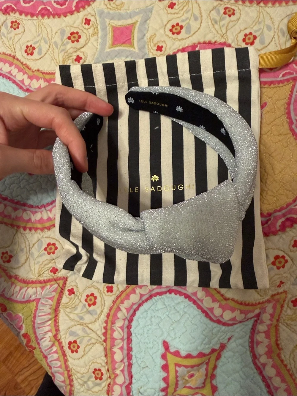 Lele Sadoughi Silver Glitter Knotted Headband with Pouch